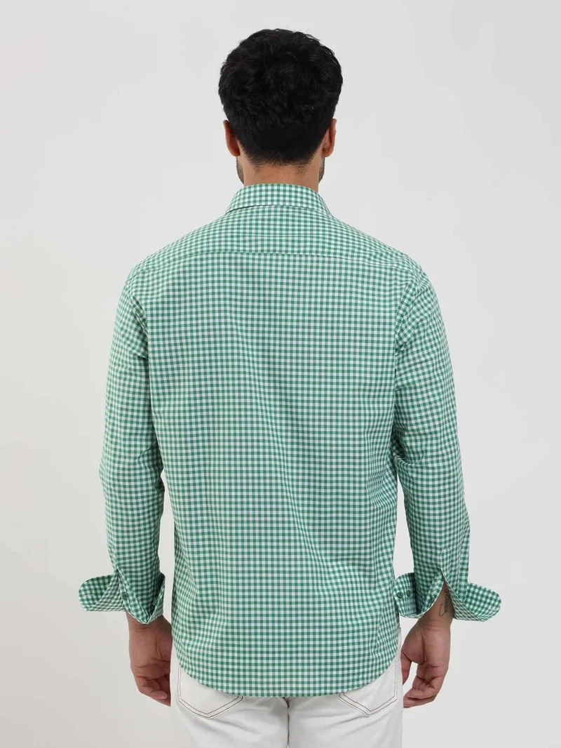 Dufy Green Men's Regular Fit Checked Brent Button Collar Long Sleeve Shirt - 102289