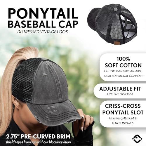Funky Junque Criss Cross Ponytail Hats for Women Ponytail Hole Messy Bun Ball Cap Adjustable for High or Low Ponytails - Black - Image 2