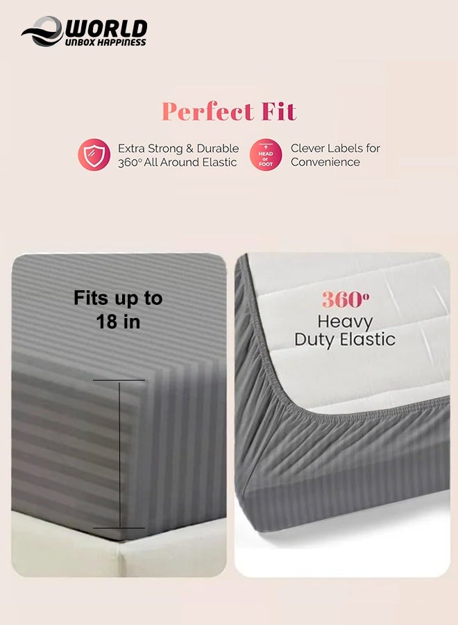 إي وورلد ملاءة سرير مزوّدة بسطح مطاطي من الألياف الدقيقة بخطوط باللون الرمادي، بجيب عميق لملاءمة محكمة، قابلة للتنفس وسهلة الغسل في الغسالة لحماية مثالية، متوفرة بمقاسات كينغ وكوين وسنجل، بدون غطاء وسادة - Image 4