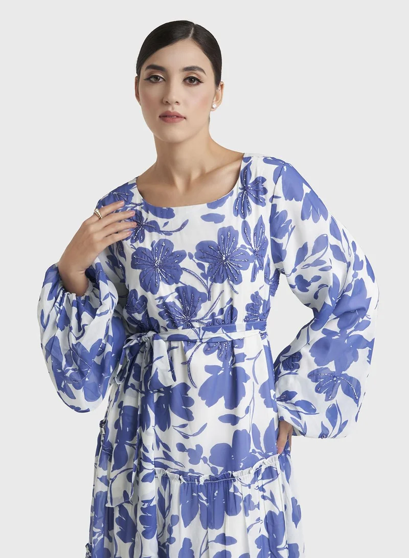 Kashkha Blue Floral Print Georgette Long Handwork Dress (VW377)