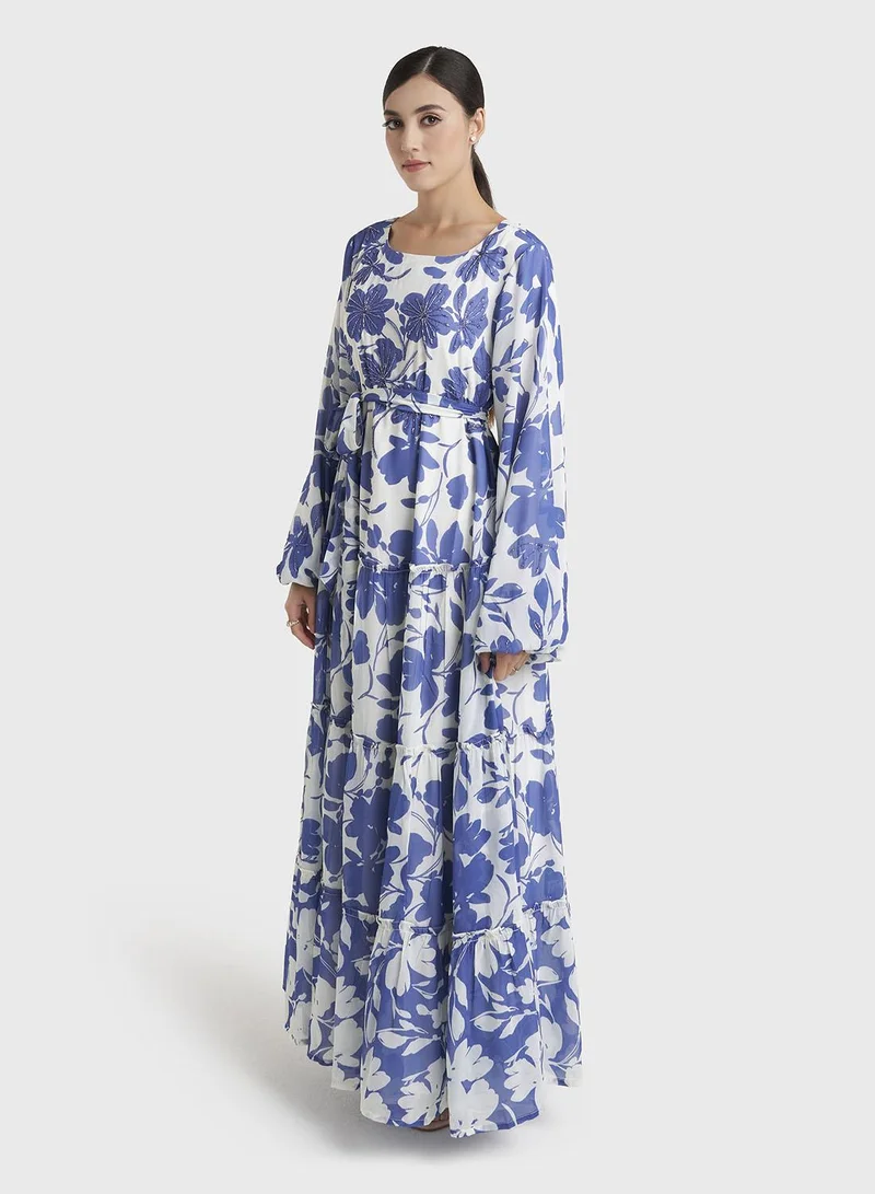 Kashkha  Blue Floral Print Georgette Long Handwork Dress (VW377) for Women | Best Price UAE