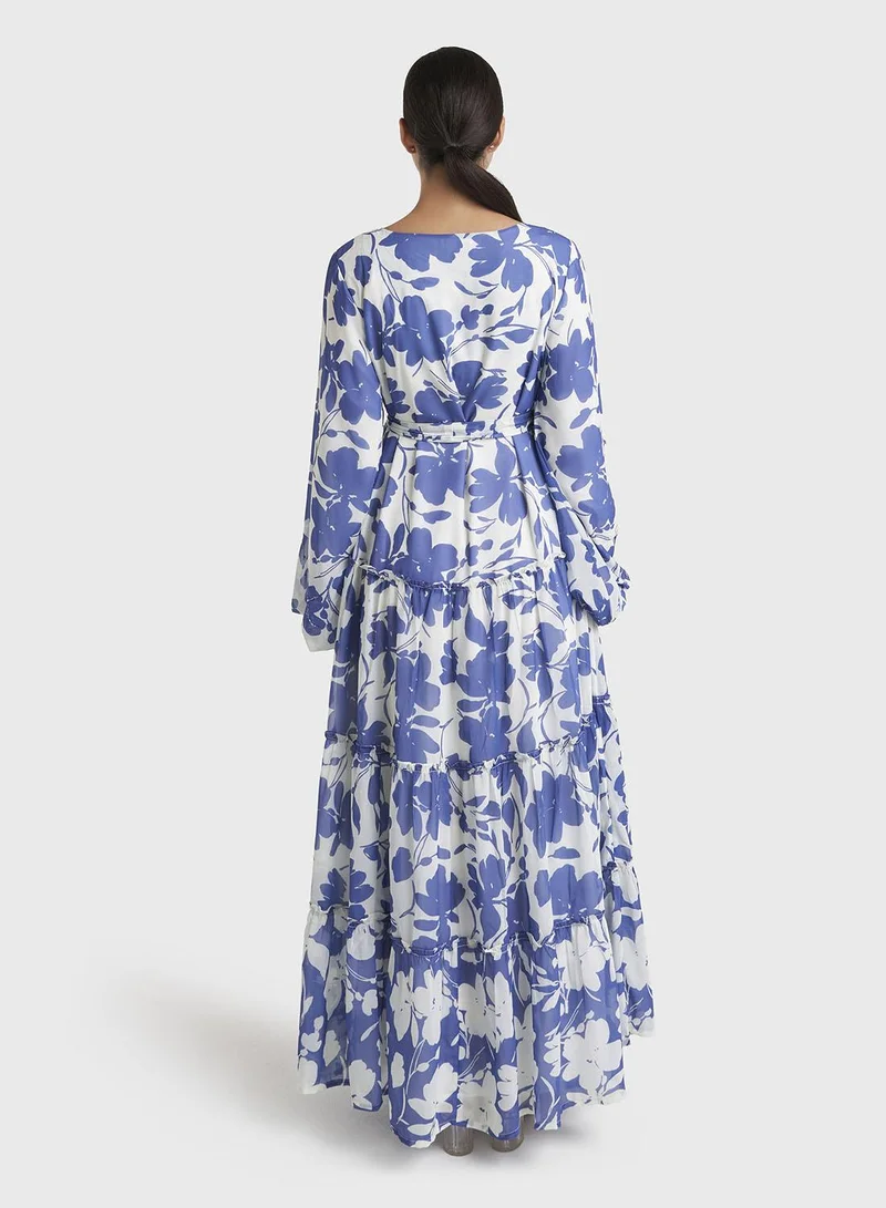 Kashkha  Blue Floral Print Georgette Long Handwork Dress (VW377) for Women | Best Price UAE