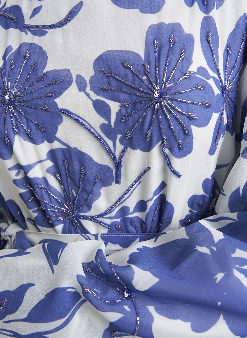 Kashkha  Blue Floral Print Georgette Long Handwork Dress (VW377) for Women | Best Price UAE