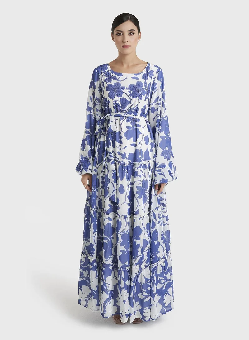 Kashkha Blue Floral Print Georgette Long Handwork Dress (VW377)