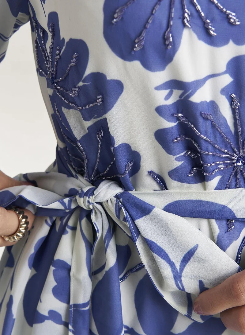 Kashkha  Blue Floral Print Georgette Long Handwork Dress (VW377) for Women | Best Price UAE