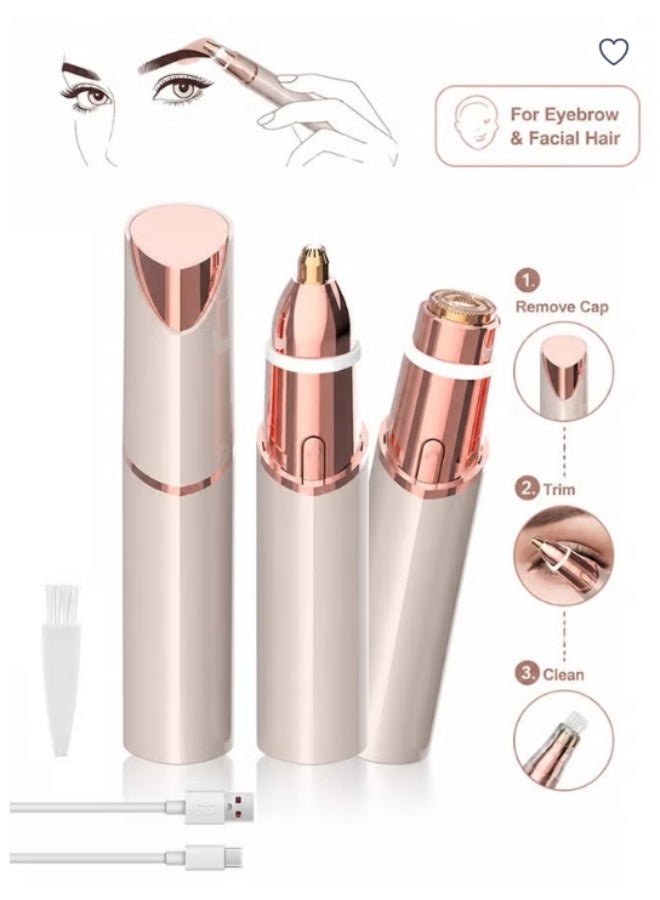 2 in 1 Electric Eyebrow Trimmer Facial Hair Remover for Women, Portable Rechargeable Painless Hair Razor, for Face Peach Fuzz Lips Chin Armpit Body (Gold) - Image 1