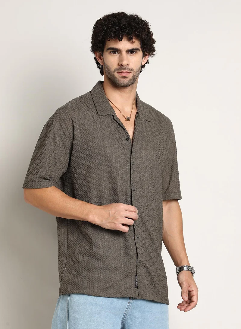 كامبوس سوترا Men's Taupe Brown Zigzag-Helix Resort Oversized Shirt