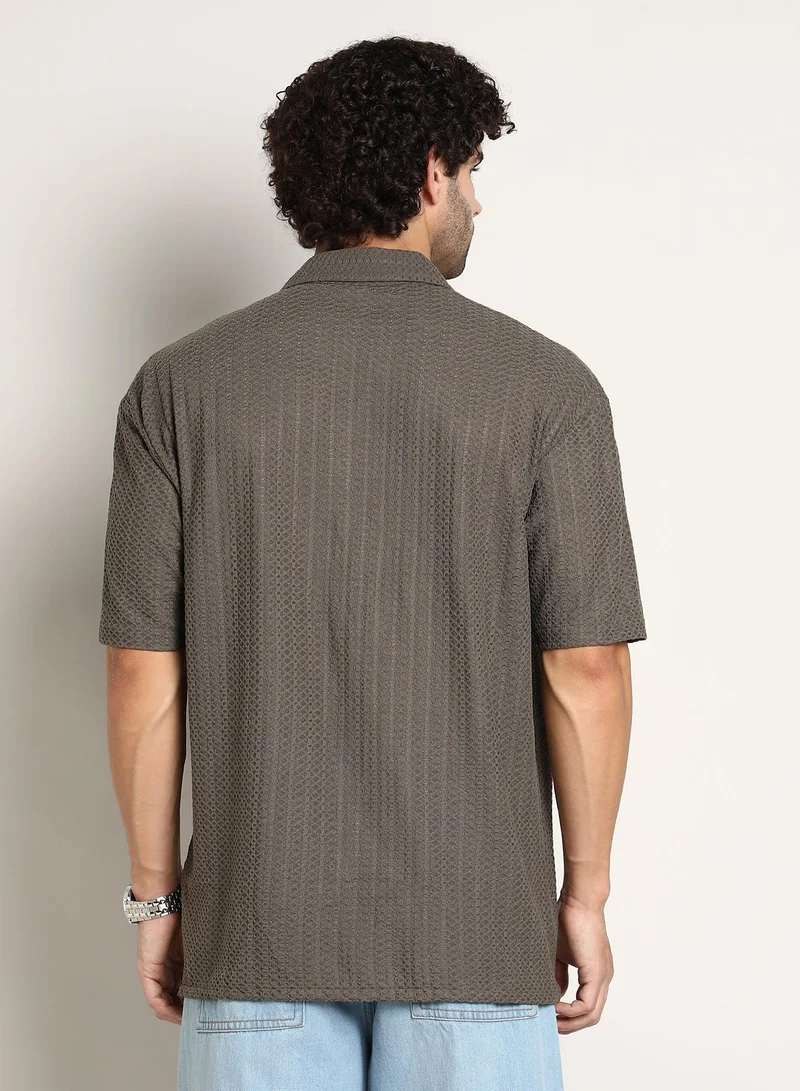 كامبوس سوترا Men's Taupe Brown Zigzag-Helix Resort Oversized Shirt