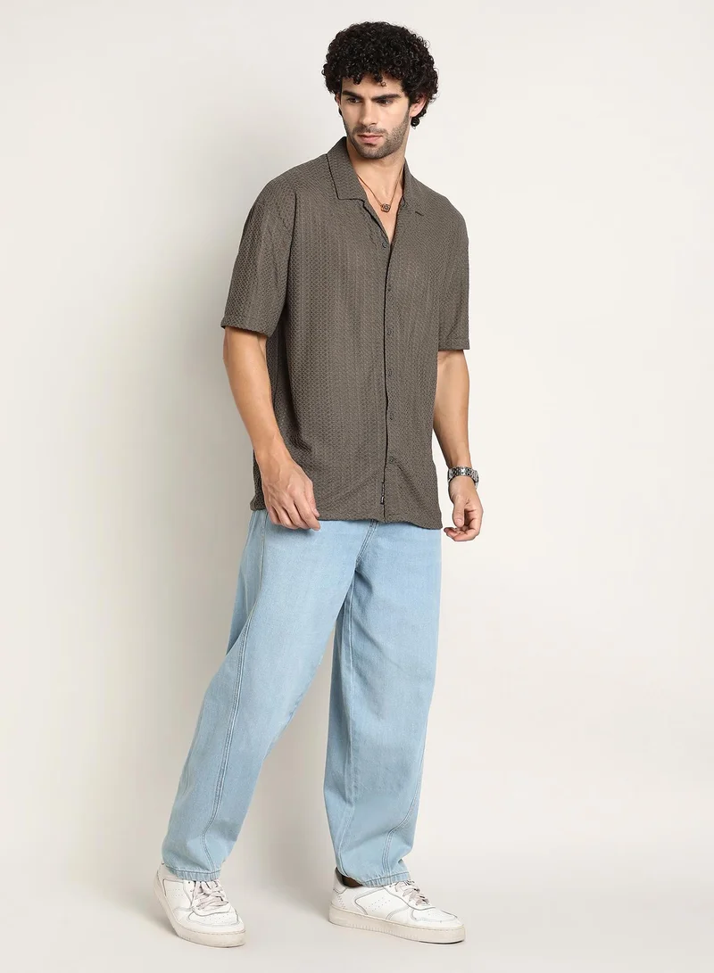 كامبوس سوترا Men's Taupe Brown Zigzag-Helix Resort Oversized Shirt