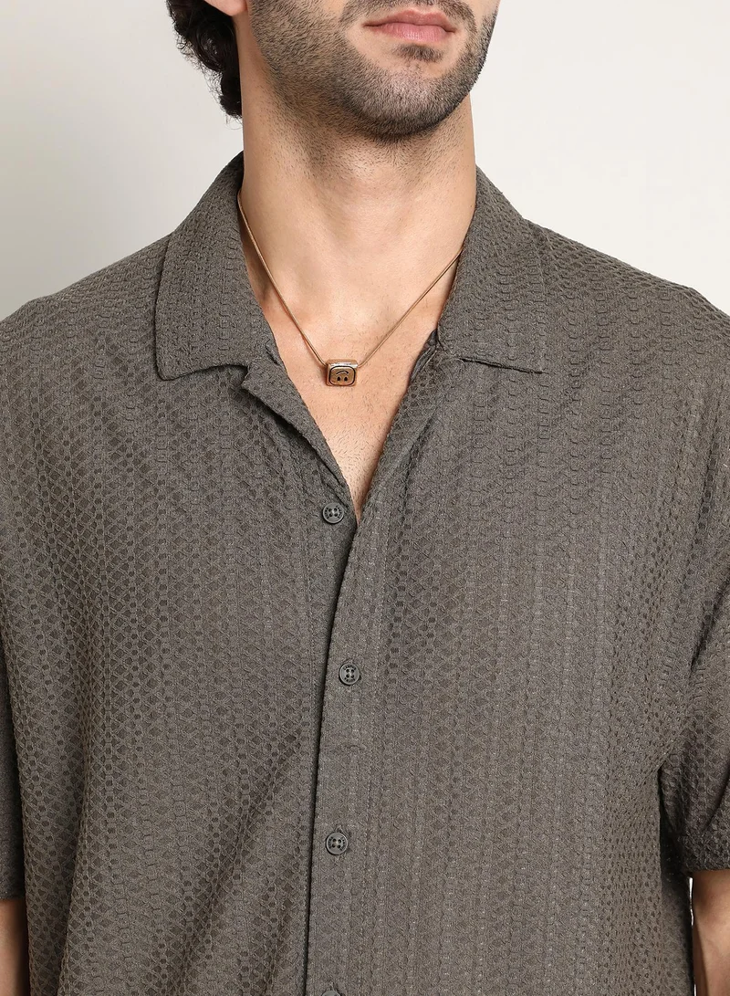 كامبوس سوترا Men's Taupe Brown Zigzag-Helix Resort Oversized Shirt