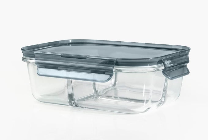 ITALIAN PREMIUM RECTANGULAR GLASS LUNCH BOX WITH CLAMP PLASTIC LID FOOD STORAGE CONTAINER 1000ML 3 COMPARTMENT 1 PIECE