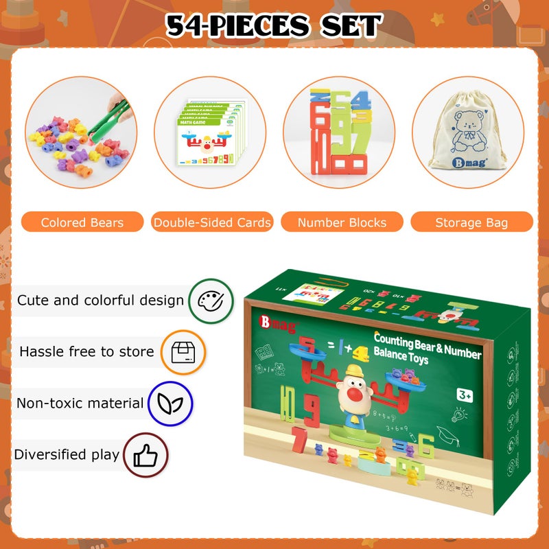 Bmag Balance Math Toys, 3 in 1 Counting Stacking and Balancing Math Learning Game for Kids, STEM Learning Activities Educational Toys with 30 Bears, 10 Numberblocks, 1 Tweezers, 11 Activity Cards - Image 2