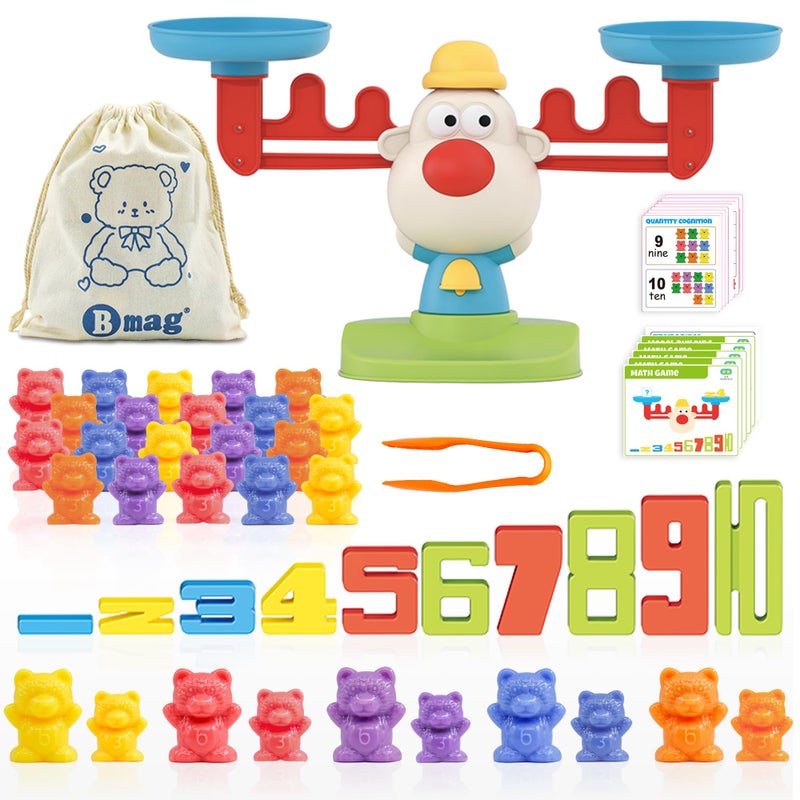 Bmag Balance Math Toys, 3 in 1 Counting Stacking and Balancing Math Learning Game for Kids, STEM Learning Activities Educational Toys with 30 Bears, 10 Numberblocks, 1 Tweezers, 11 Activity Cards - Image 1