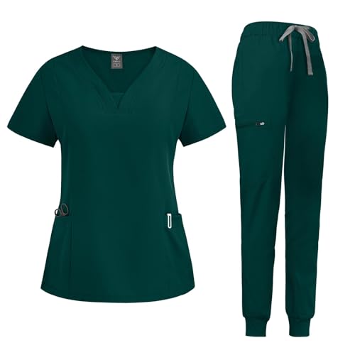 niaahinn Scrub Suit Set for Women Modern V-neck Top & Tapered Leg Jogger Pants with Drawstring Medical Nursing Uniforms Set (Deep Green, S) - Image 1