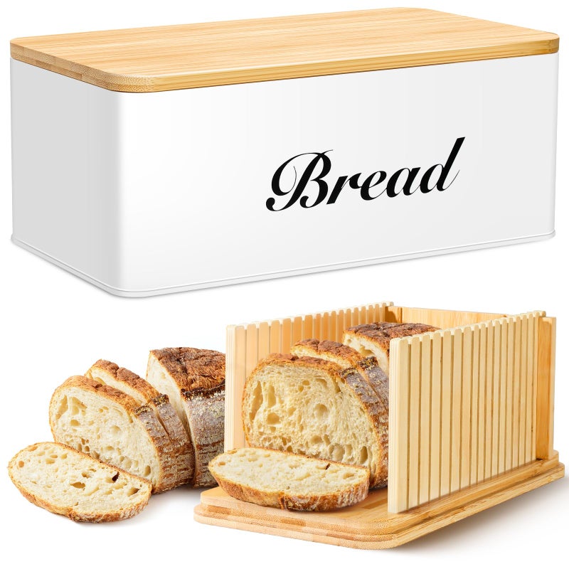 RYTOXILO Bread Slicer for Homemade Bread with Box, White Bread Storage for Kitchen Countertop with 3 in 1 Bamboo Lid, Bread Loaf Slicers Machine with Slicing Guide for Sandwich, Sourdough - Image 1