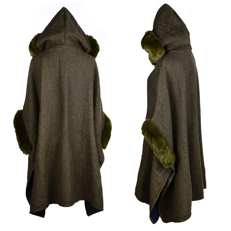 Iristide Women's Hooded Cloak Faux Rabbit Fur Cape Wrap Wool Coat Cardigan Poncho Warm (green) - Image 3