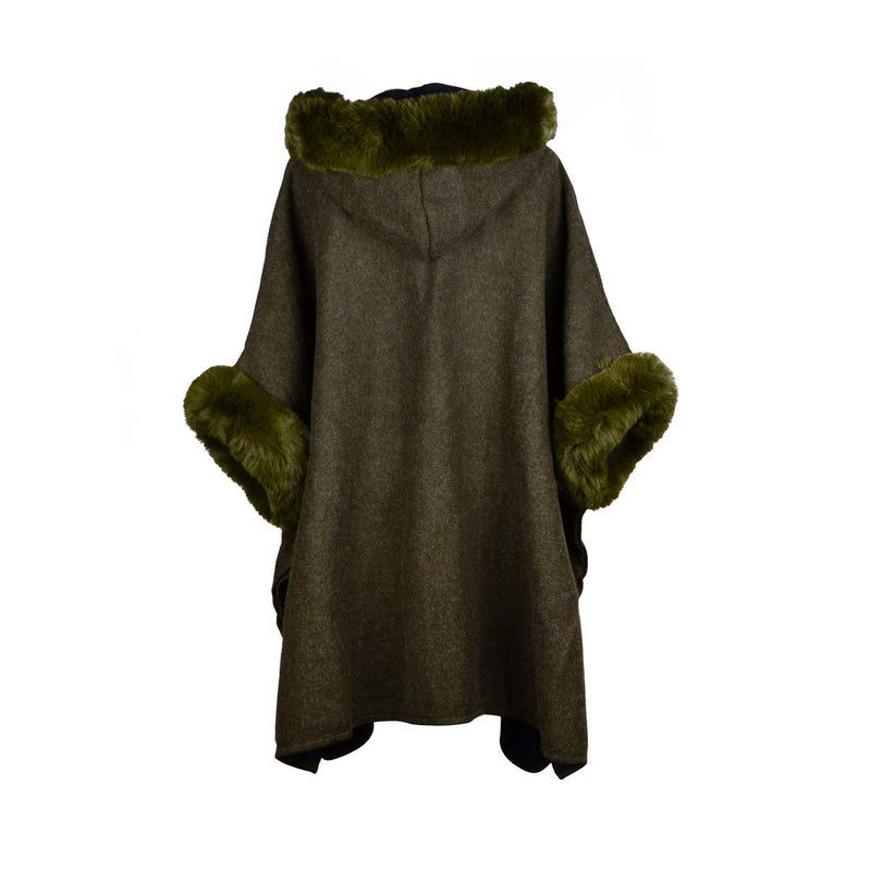 Iristide Women's Hooded Cloak Faux Rabbit Fur Cape Wrap Wool Coat Cardigan Poncho Warm (green) - Image 2