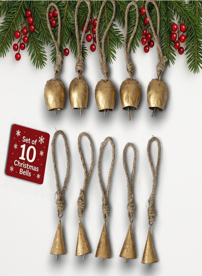 Mie Creations Set of 10 Vintage Rustic Cow Bells, Handmade Christmas Bells, Decorative Christmas Tree Ornaments on Jute Rope, 2 in Jingle Bells for Crafts, Metal Hanging Wreath Cowbells- Antique Gold - Image 1