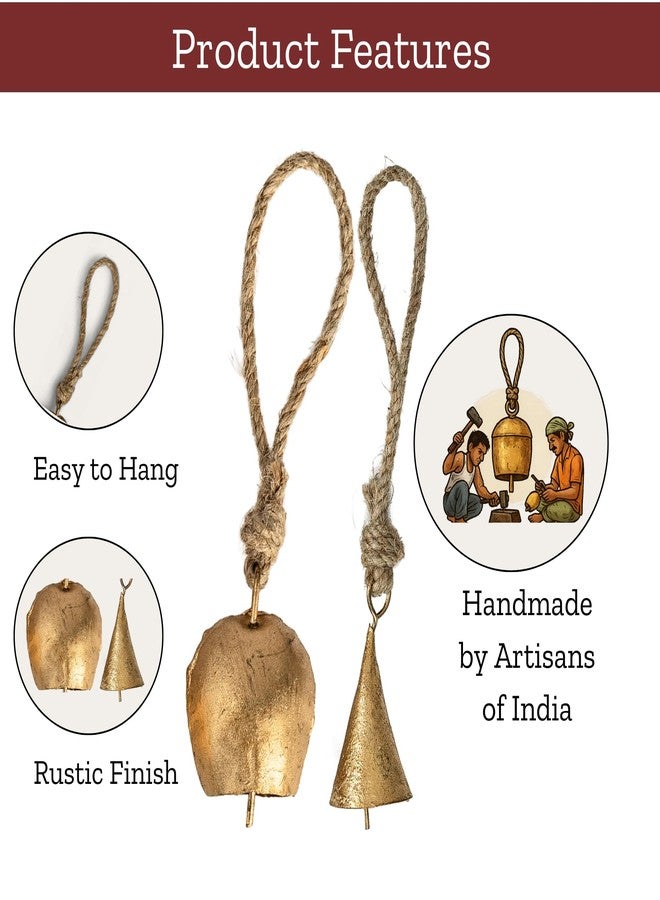 Mie Creations Set of 10 Vintage Rustic Cow Bells, Handmade Christmas Bells, Decorative Christmas Tree Ornaments on Jute Rope, 2 in Jingle Bells for Crafts, Metal Hanging Wreath Cowbells- Antique Gold - Image 5