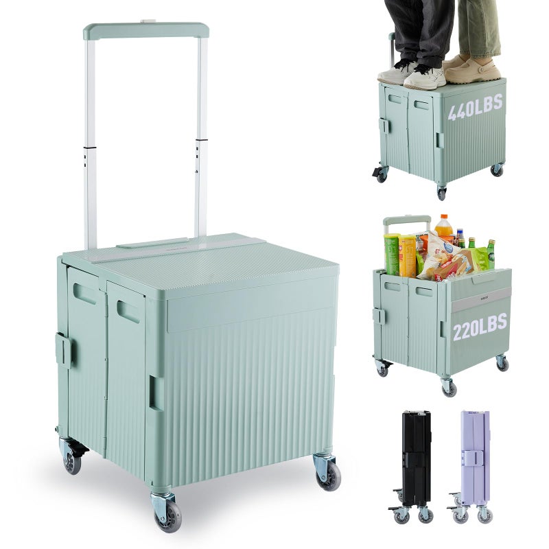 SUBICOO Folding Utility Cart Portable Rolling Crate Handcart Shopping Trolley Collapsible Tool Box, with Lid, on Rotate Wheels, for Grocery, Shopping, Office, Teacher, Camp,File (Green) - Image 1