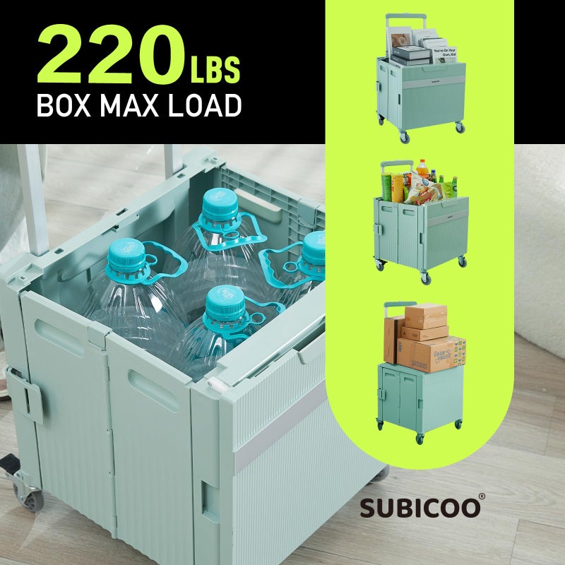 SUBICOO Folding Utility Cart Portable Rolling Crate Handcart Shopping Trolley Collapsible Tool Box, with Lid, on Rotate Wheels, for Grocery, Shopping, Office, Teacher, Camp,File (Green) - Image 3