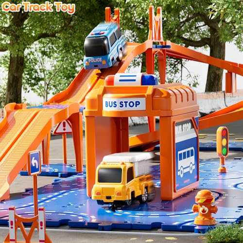 KIZONLY Puzzle Racer Kids Car Track Set 4Tier Race Tracks for Kids Ages 35 with 3 Cars Traffic Parts Trucks for Toddlers 24 Years Floor Puzzle Tracks Car Gift for Boys Girls 3 4 5 Year Old - Image 5