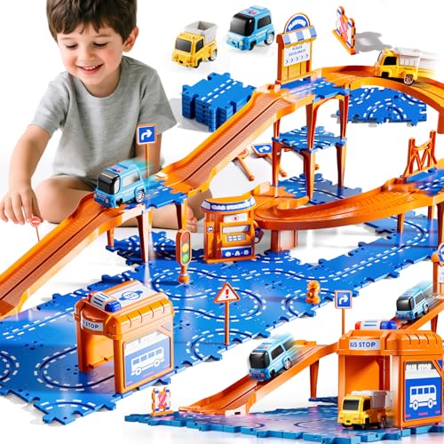 KIZONLY Puzzle Racer Kids Car Track Set 4Tier Race Tracks for Kids Ages 35 with 3 Cars Traffic Parts Trucks for Toddlers 24 Years Floor Puzzle Tracks Car Gift for Boys Girls 3 4 5 Year Old - Image 1