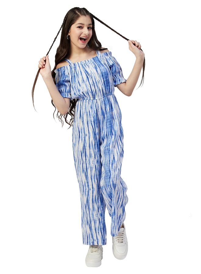 Stylo Bug Girls Blue Tie-Dye Cold Shoulder Jumpsuit - Image 1