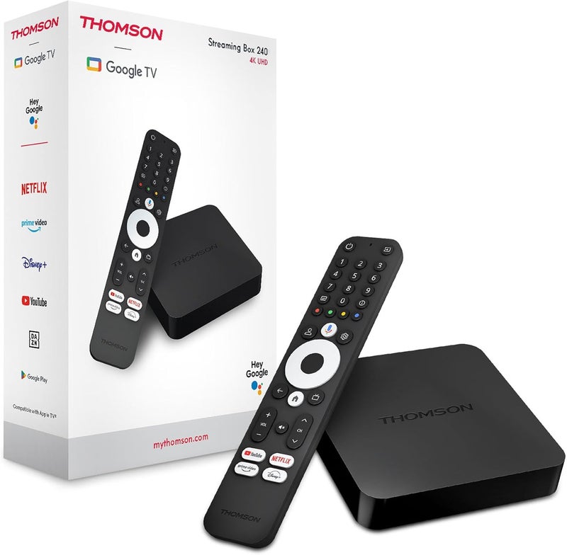 طومسون Thomson Streaming Box 240UK، 4K UHD، Google TV، التحكم الصوتي من Google، Wi-Fi، Googlecast مدمج - Image 1