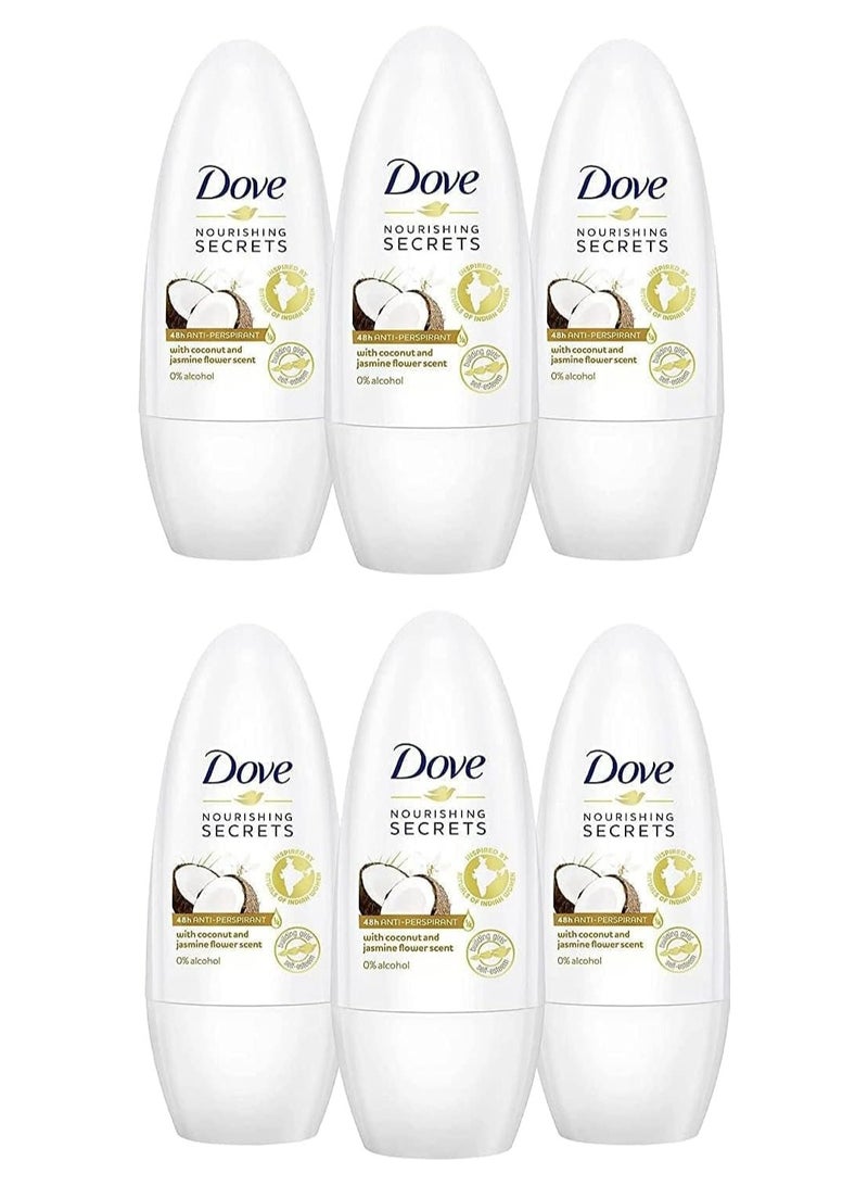 Dove Advanced Care Antiperspirant Roll-On Deodorant Coconut & Jasmine 50ml – Pack of 6 Piece | 48H Sweat & Odour Protection, Alcohol-Free, Moisturizing Formula