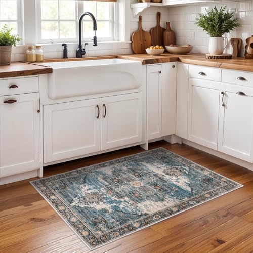 RUUGME 2x3 Area Rugs Indoor Large Boho Rugs for Living Room Stain Resistant Carpet Vintage Tribal Rugs for Bedroom Kitchen Bathroom with Non Slip Backing Home Decor Floor Decoration Mat 2x3 Blue - Image 3