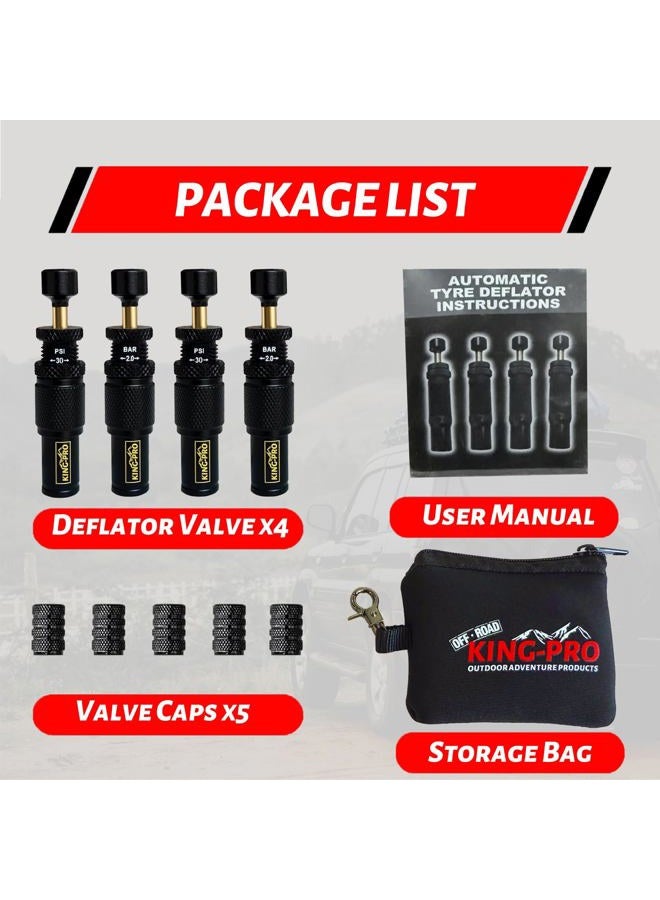 KING-PRO Adjustable Auto-Stop Tire Deflator Valve Kit, 4 PCS Screw-on Tyre Air Down Tool (10-30 PSI) for Offroad 4x4 Vehicle Accessories - Image 2