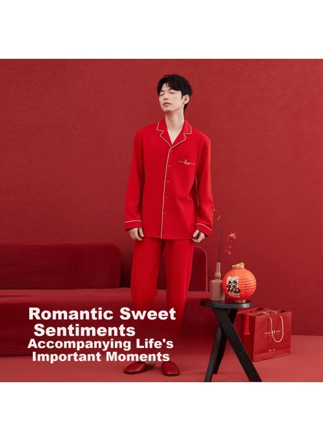 Top melon Dingguagua Dingguagua Men's Pure Cotton Red New Year Wedding Couple Long Sleeve Homewear Set China Red 185 - Image 4