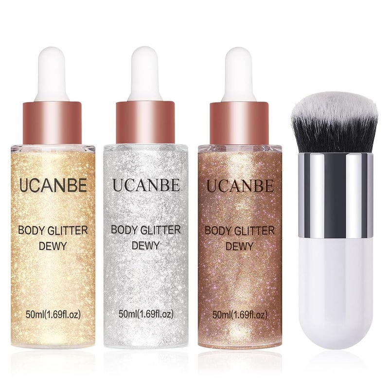 UCANBE 3 Pcs Face Body Glitter Liquid Highlighter Illuminator Dewy Drops with Makeup Brush Makeup Sparkle Shine Luminizer Enhancer Body Shimmer Tint 50ml169oz x 3 3Pcs Standard