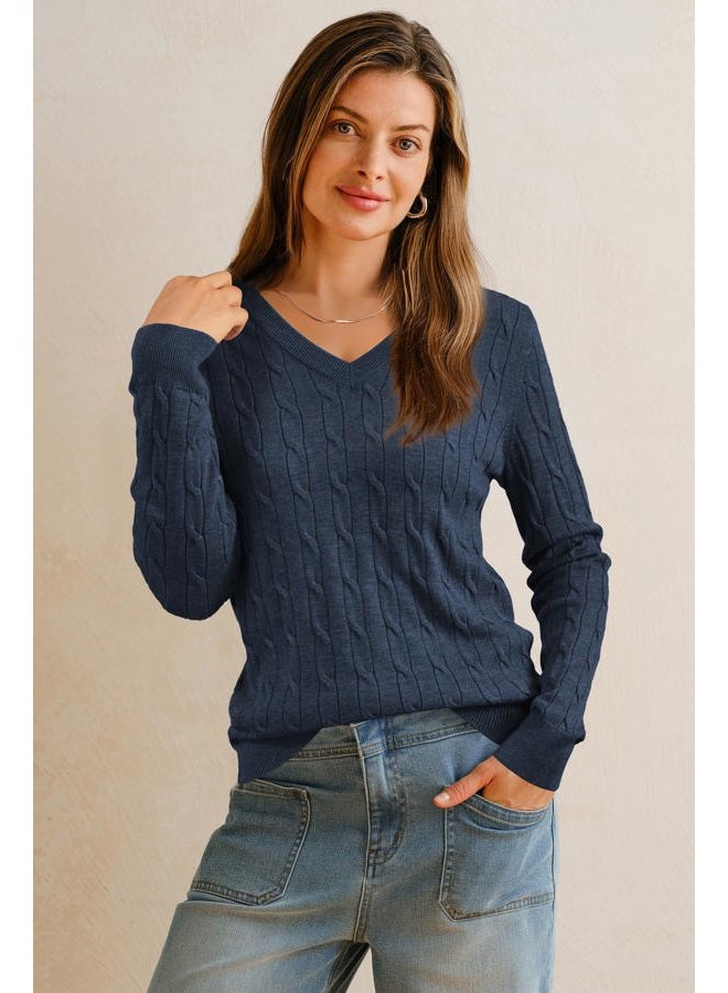 Arach&Cloz Womens Jumpers V Neck Wool Blend Ladies Cable Kintted Jumper Fall Winter Soft Tops Casual Outfits, Wine Red, L - Image 3
