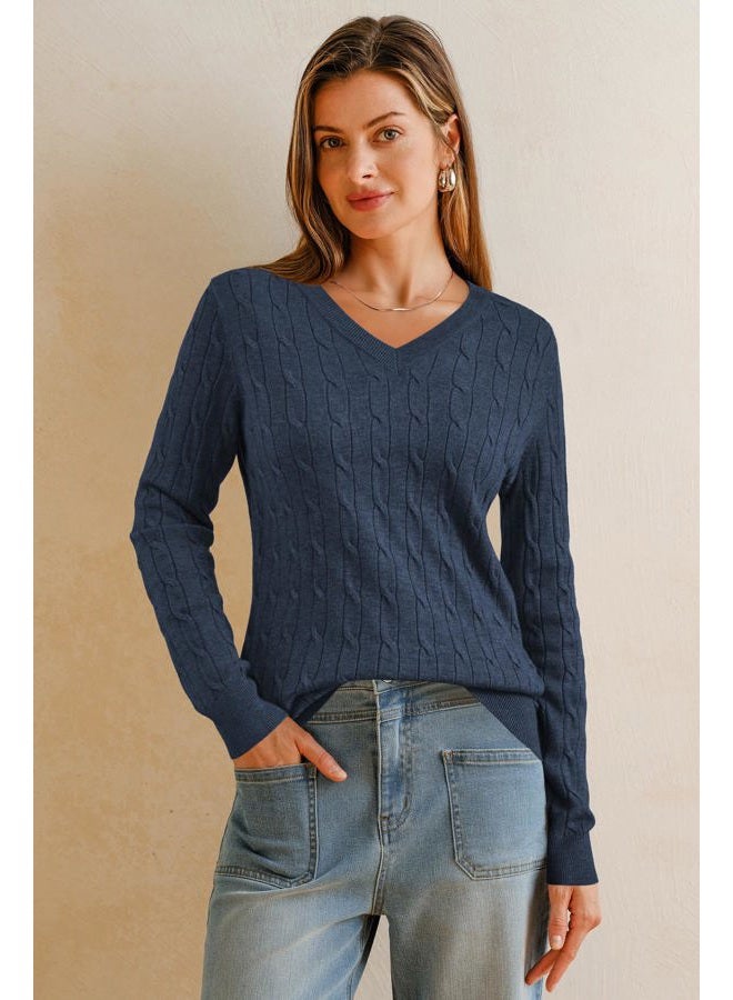 Arach&Cloz Womens Jumpers V Neck Wool Blend Ladies Cable Kintted Jumper Fall Winter Soft Tops Casual Outfits, Wine Red, L - Image 2