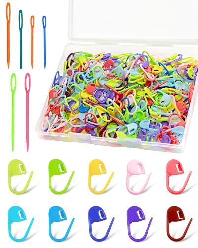 FIVEIZERO 300pcs FIVEIZERO Stitch Markers with 6 pieces of large blunt sewing needles,colorful knitting markers,plastic crochet hook clip,bulk Crochet hook markers for knitting stitch locking clip crochet hooks - Image 1