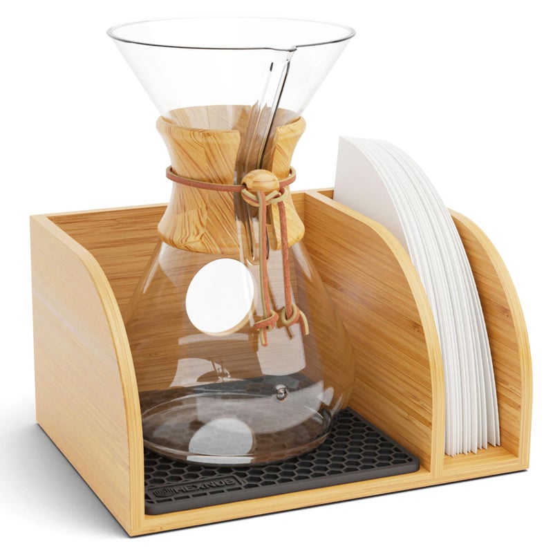 HEXNUB  Caddy for Pour Over Coffee Makers Bamboo Stand fits Chemex Bodum Cosori Carafes Heatproof Mat Filter Holder for Coffee Brewing  Black Mat