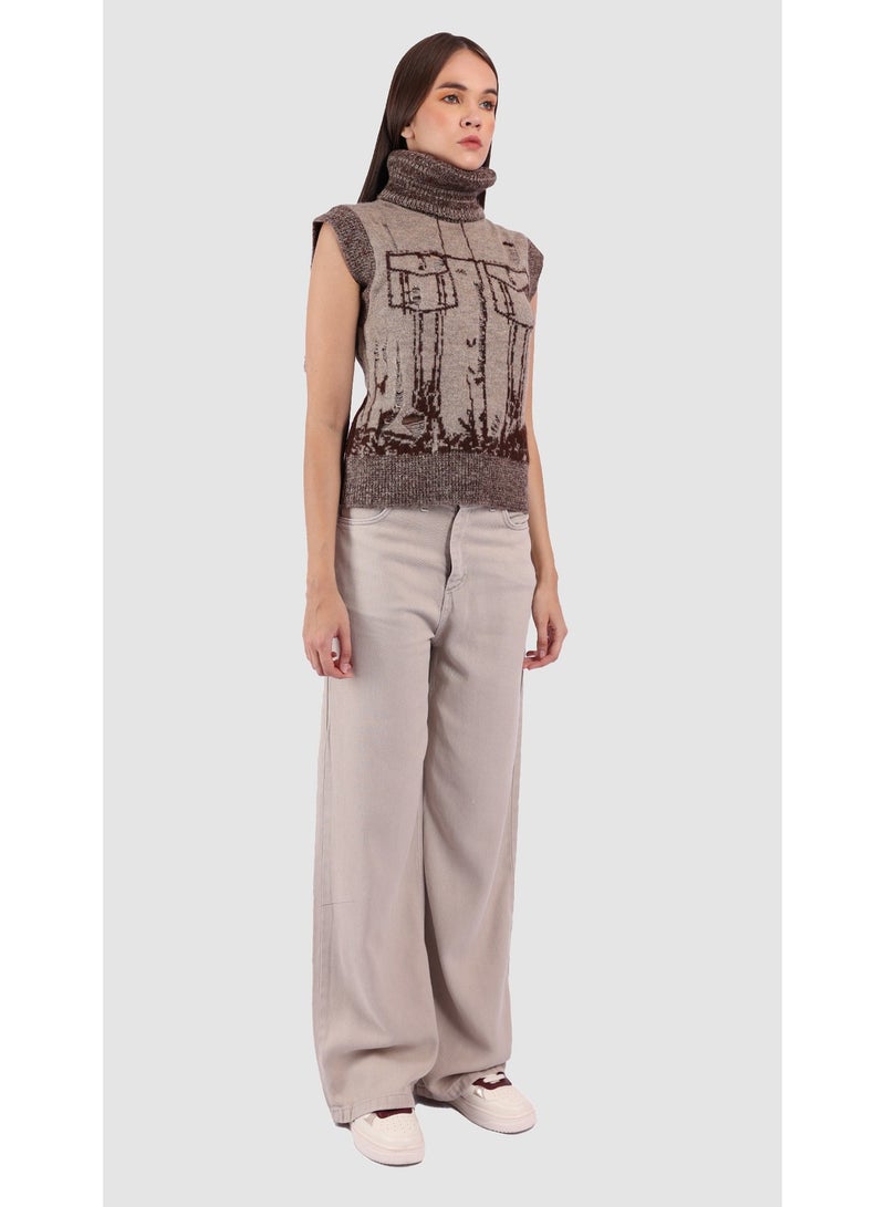 كيفيلي كنزة تريكو بدون أكمام بياقة عالية بنمط جاكار – بيج - Image 3