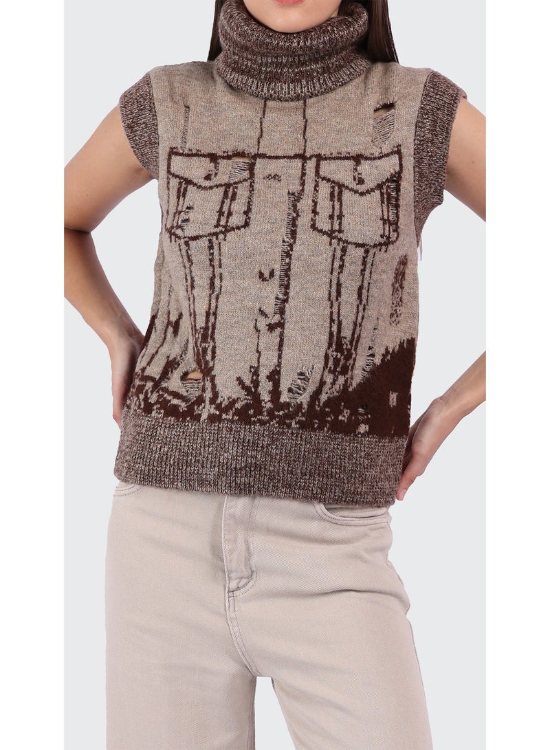 كيفيلي كنزة تريكو بدون أكمام بياقة عالية بنمط جاكار – بيج - Image 1
