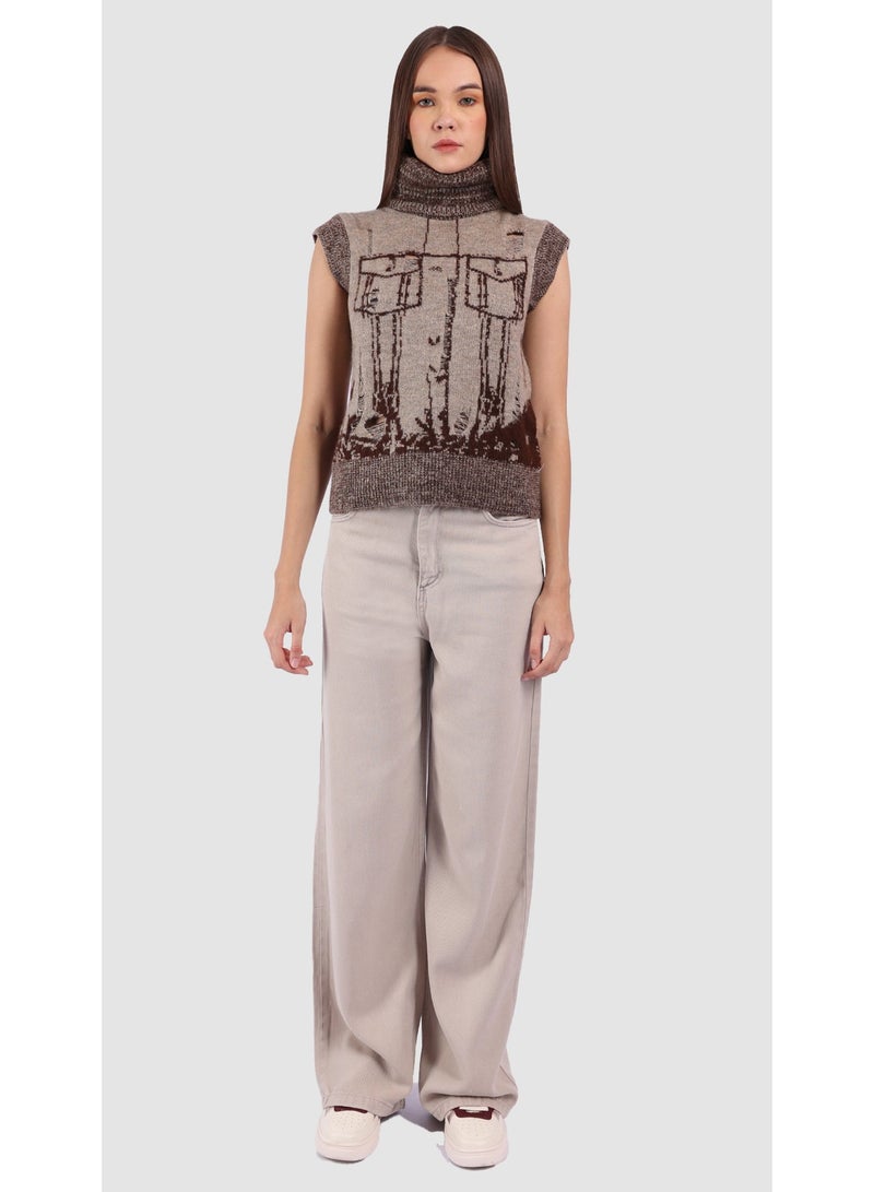 كيفيلي كنزة تريكو بدون أكمام بياقة عالية بنمط جاكار – بيج - Image 2
