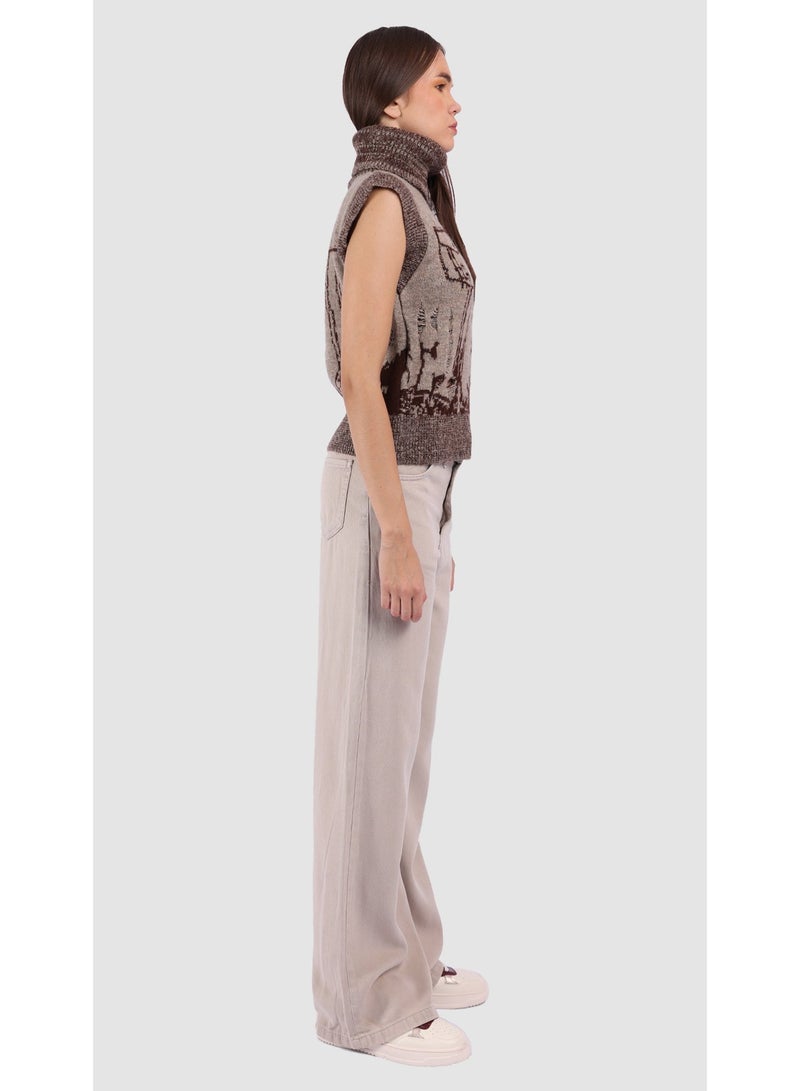 كيفيلي كنزة تريكو بدون أكمام بياقة عالية بنمط جاكار – بيج - Image 4