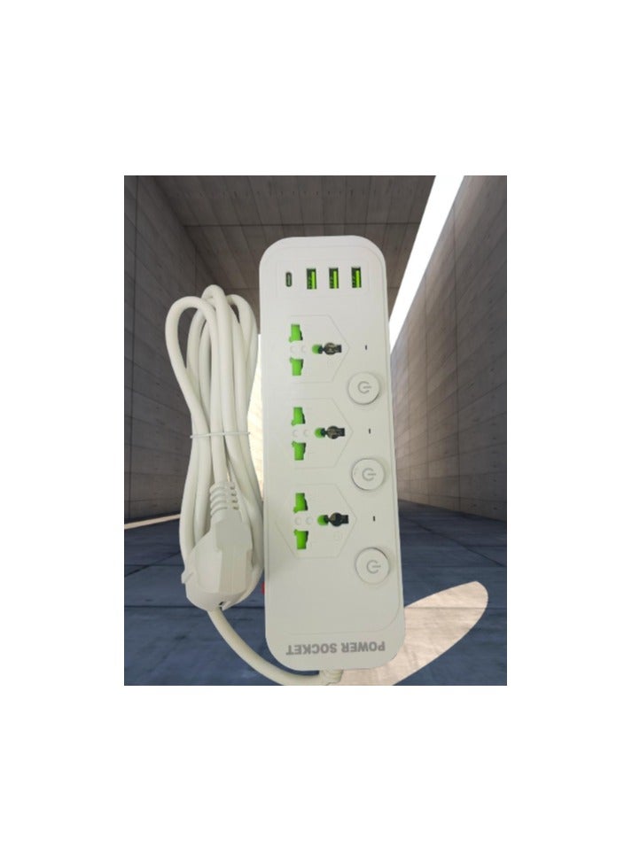 BJollys Power Strips Extension Cords 3 Outlets, Universal Power Socket with 3 USB & 1 Type-C Ports, 2M Bold Extension Cord Plug Adapter for Home, Office, Kitchen, 3000W Rated power- white - Image 2