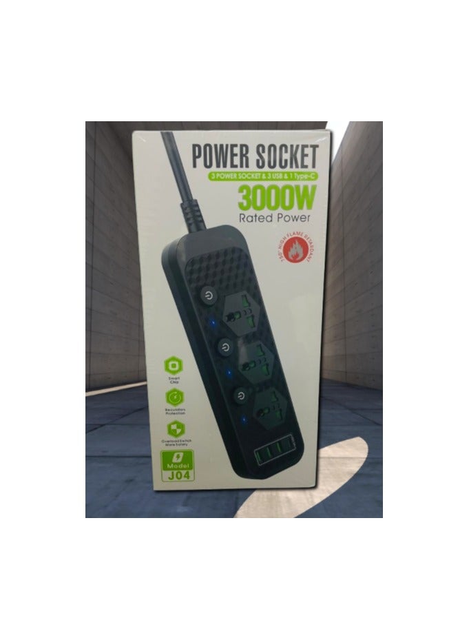 BJollys Power Strips Extension Cords 3 Outlets, Universal Power Socket with 3 USB & 1 Type-C Ports, 2M Bold Extension Cord Plug Adapter for Home, Office, Kitchen, 3000W Rated power- white - Image 3