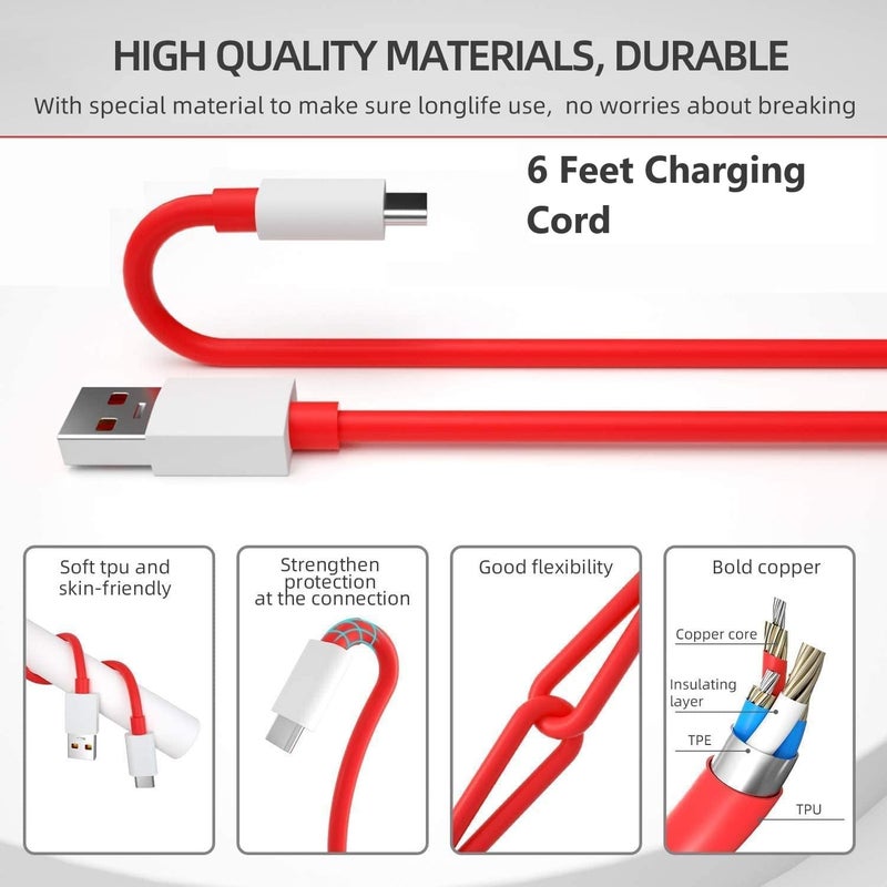 Sounce 2 Meter 80W Charging Cable USB to Type C Warp Charger SuperVooc/Dash Fast Charge Cable for Oneplus 11,11R,10 Pro,10R,10T,9RT,9R,8R,8T Charge Cable for 6/6T/7/7T,Nord,Ce2 Lite 5G,Ce 3 5G, Red - Image 2