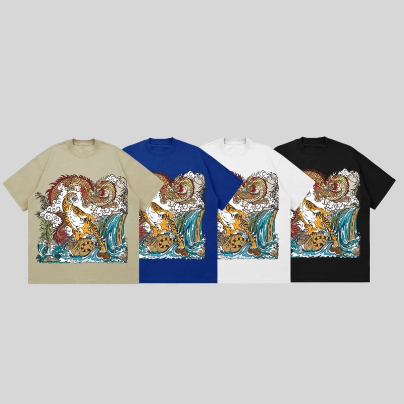 Guofeng Dragon And Tiger Figure Printed 2024 Heavy Short Sleeve Small Collar Round Neck Guofeng Hong Kong Style Tide Brand T-Shirt - Image 2
