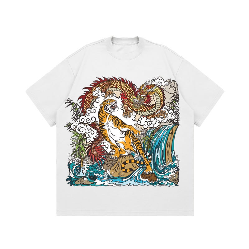 Guofeng Dragon And Tiger Figure Printed 2024 Heavy Short Sleeve Small Collar Round Neck Guofeng Hong Kong Style Tide Brand T-Shirt - Image 1