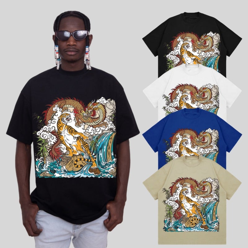 Guofeng Dragon And Tiger Figure Printed 2024 Heavy Short Sleeve Small Collar Round Neck Guofeng Hong Kong Style Tide Brand T-Shirt - Image 3