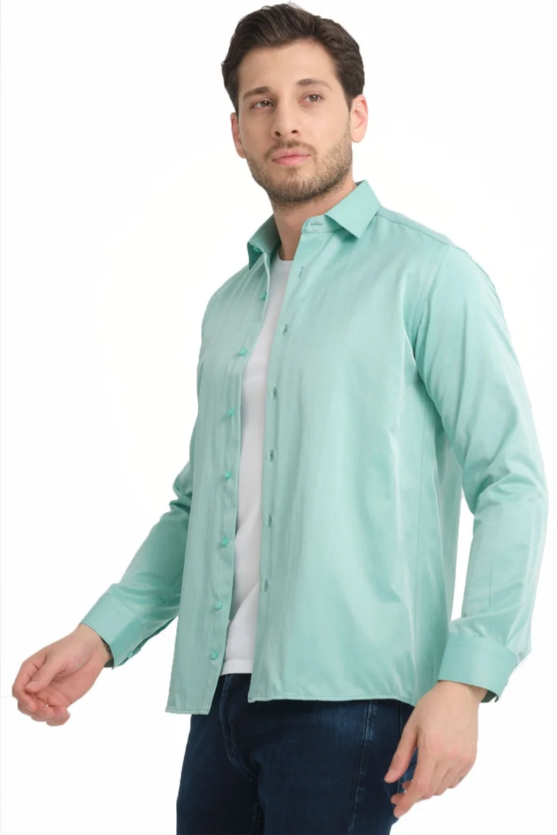 فاريتا Men's Mint Green Plain Pocketless Wide Cut Long Sleeve Shirt