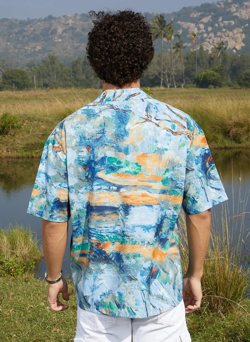 Campus Sutra Men's Sky Blue & Pumkin Orange Indie-Block Oversized Shirt